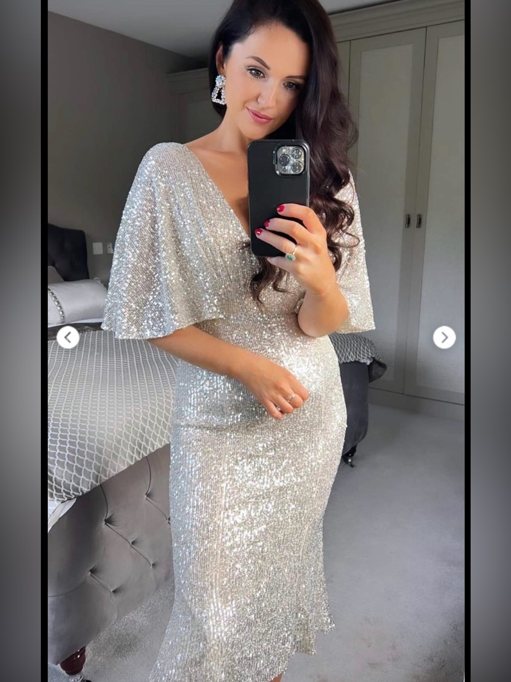 VENUS Silver Sequin V-Neck Midi Dress with Flutter Sleeves XS SMALL